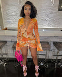 Paisley Print Sheer Mesh Drawstring Mini Dress for Women Sexy Deep V Neck Flare Long Sleeve