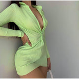 Women's Shirt Dress Ruched Sexy V-Neck Solid Turn-Down Collar