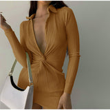 Women's Shirt Dress Ruched Sexy V-Neck Solid Turn-Down Collar