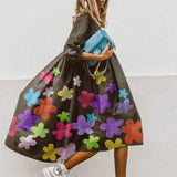 Women Vintage O-neck Floral Print Loose A-Line Dress