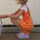 Floral Print Casual Beach Knitted Y2K Strap Summer  Mini Dress