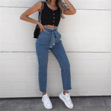 High-waist Stretch Women Jeans with Raw Edge Lace-up