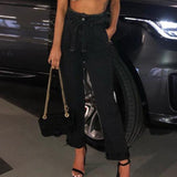 High-waist Stretch Women Jeans with Raw Edge Lace-up