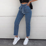 High-waist Stretch Women Jeans with Raw Edge Lace-up