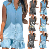 Women Summer Denim Casual Loose Dress Single-Breasted Design Ruffles Decor Turn-down Collar Short Sleeve Solid Mini Dress