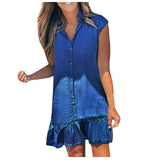 Women Summer Denim Casual Loose Dress Single-Breasted Design Ruffles Decor Turn-down Collar Short Sleeve Solid Mini Dress