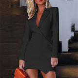 Elegant Office Ladies Women Padded Shoulder Ruched Blazer Dress