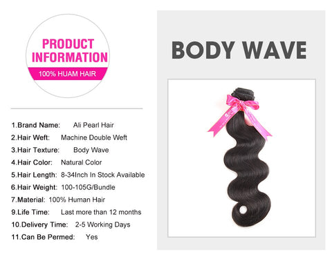 Ali Pearl Hair Body Wave Brazilian Hair Weave Bundles 100% Human Hair 3 and 4 Bundles Natural Color Remy Hair Extension AliPearl