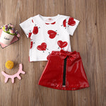 Citgeett Summer Toddler Kid Baby Girl Valentine's Day Clothes Love Top T-shirt Leather Skirt Red Outfit Sweet Set Clothing