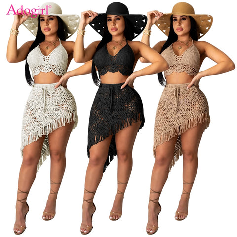 Adogirl Hand Crochet Beach Two Piece Set Dress Knitted Bra Top Tassel