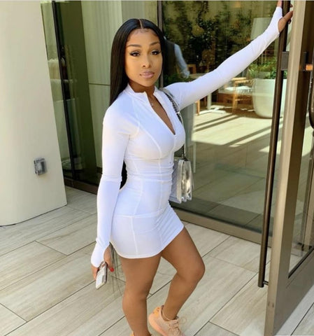 Elegant Solid Bodycon Women Dress Sexy Zipper Long Sleeve