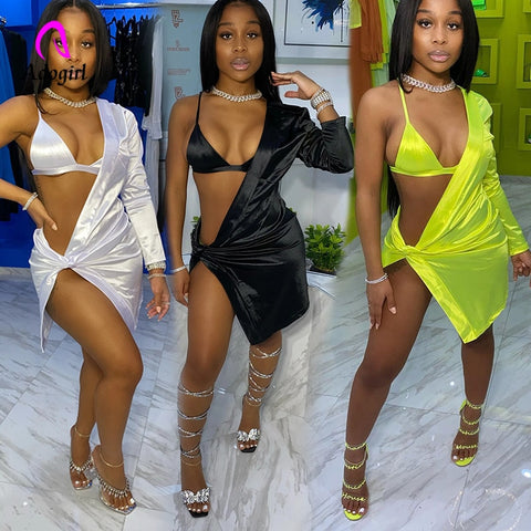 Neon Women Sexy Two Piece Set Spaghetti Bra Mini Dress One Shoulder Long Sleeve