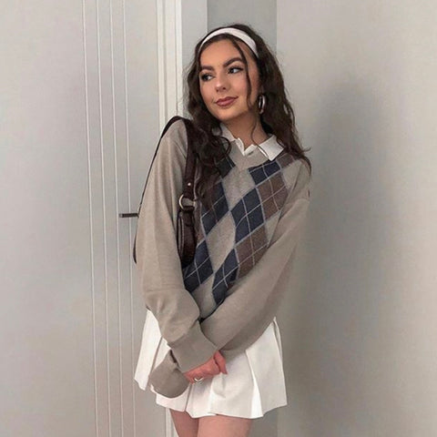 Pullover Sweater Tops Vintage Plaid Jumper