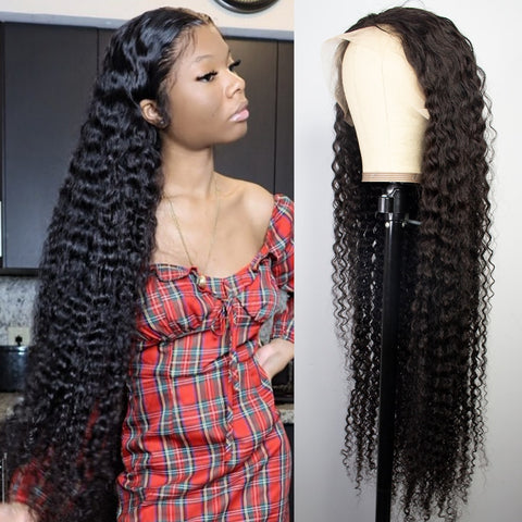 30 32 Inch Curly Human Hair Deep Wave Frontal Wigs For Black Women