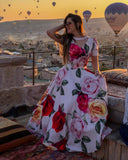 Echoine V-neck Pearl Maxi Long Dress Women Floral Print