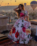 Echoine V-neck Pearl Maxi Long Dress Women Floral Print