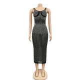 Sheer Mesh Patchwork Rhinestone Women Party Dress Spaghetti Strap Sequin See Through Nightclub Evening Party Bodycon Plus SIze