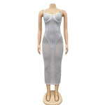 Sheer Mesh Patchwork Rhinestone Women Party Dress Spaghetti Strap Sequin See Through Nightclub Evening Party Bodycon Plus SIze
