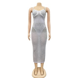 Sheer Mesh Patchwork Rhinestone Women Party Dress Spaghetti Strap Sequin See Through Nightclub Evening Party Bodycon Plus SIze