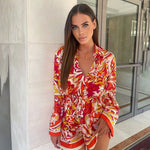 New Women Fashion Red Floral Print BowTie Smock Women Shirt