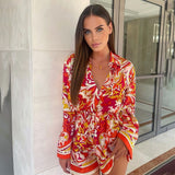 New Women Fashion Red Floral Print BowTie Smock Women Shirt
