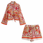 New Women Fashion Red Floral Print BowTie Smock Women Shirt
