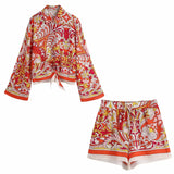 New Women Fashion Red Floral Print BowTie Smock Women Shirt