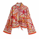 New Women Fashion Red Floral Print BowTie Smock Women Shirt