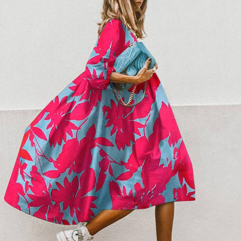 Women Vintage O-neck Floral Print Loose A-Line Dress