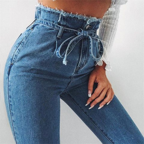 High-waist Stretch Women Jeans with Raw Edge Lace-up
