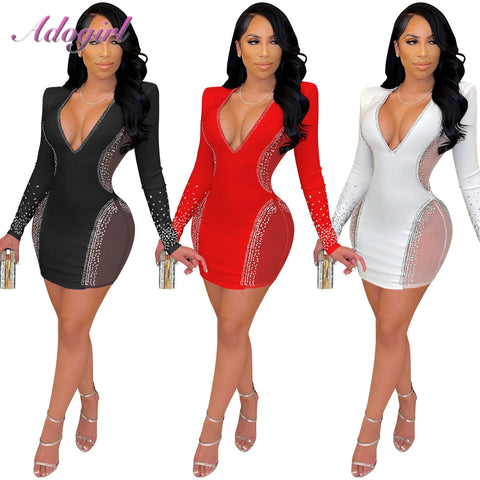 Sexy Sheer Mesh See Through Deep V Neck Long Sleeve Night Party Club Mini Dress