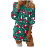 Casual Merry Christmas Print O-Neck Dress For Women Long Sleeve Streetwear