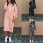 Autumn Winter Warm Hoodie Dress Women Drawstring