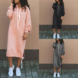 Autumn Winter Warm Hoodie Dress Women Drawstring