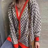 Women Sweater Knitted Houndstooth Cardigan V-neck Jumper