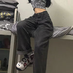 Black Gray Women's Jeans Retro Adjustable High Waist